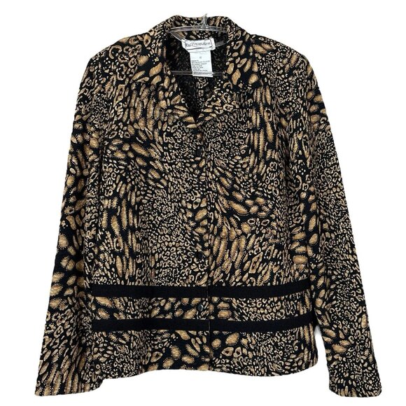 Karin Stevens Leopard Print Button Stretch Lightweight Jacket Black Tan Size 12 - Picture 1 of 9